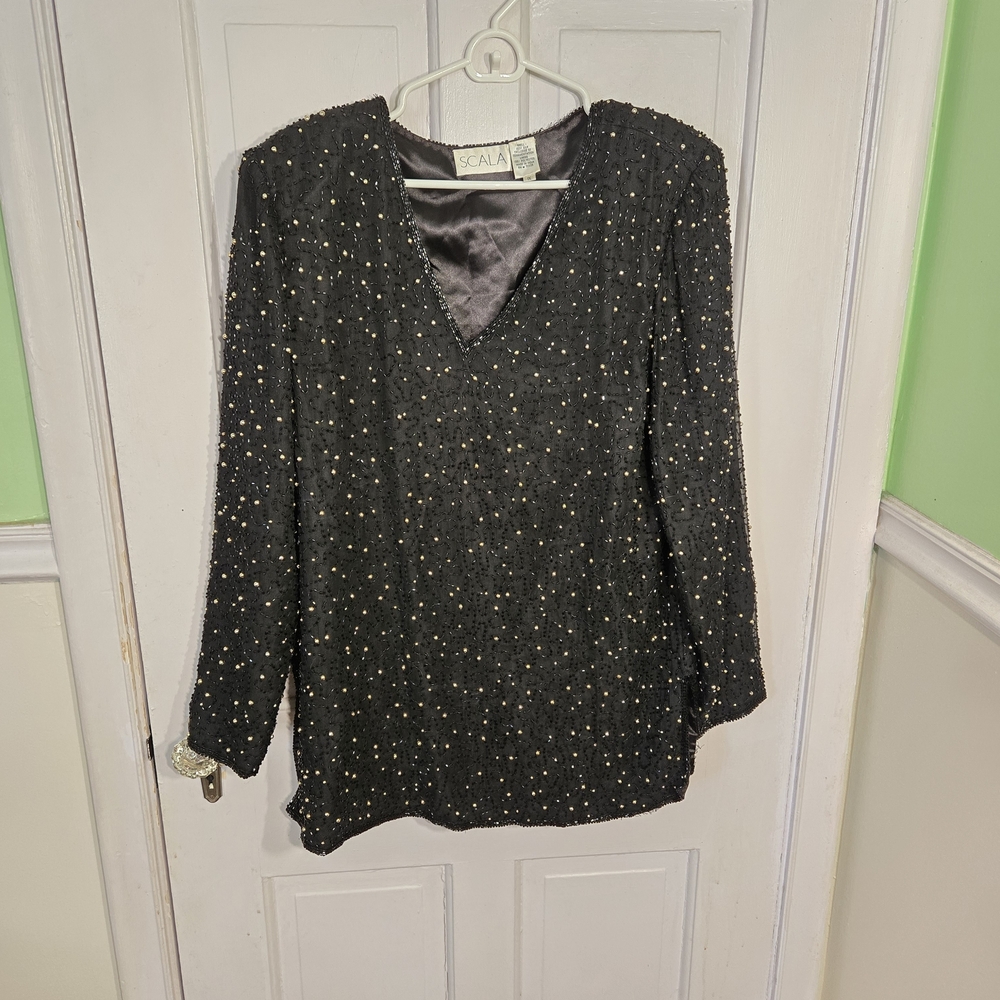 Scala Elegant Vintage Black and Gold Beaded Blouse SIZE 1X